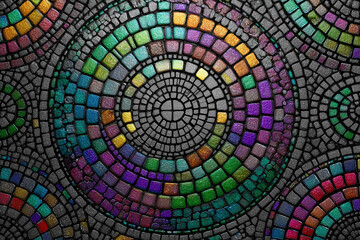 Vibrant mosaic art with colorful tiles in concentric circles pattern
