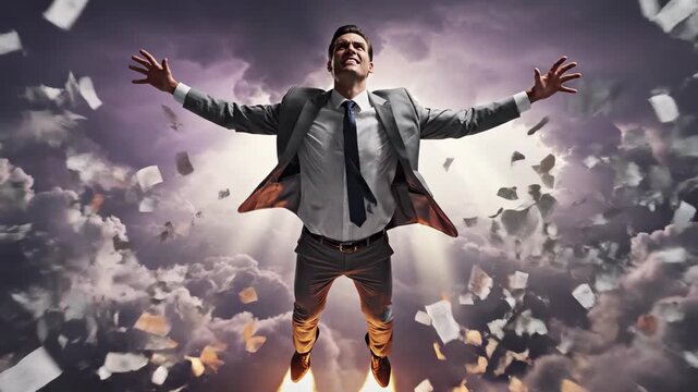 Businessman rocketing upwards through exploding debris and dark clouds with arms outstretched, 4k