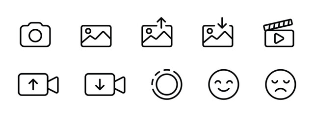 media icon set camera photo gallery video upload download emoji outline symbol for app interface