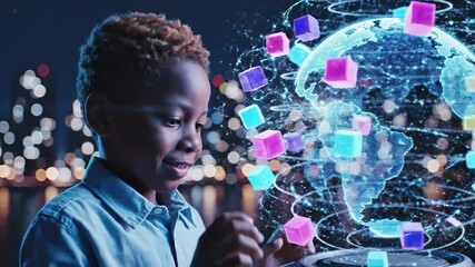 Young black boy interacting with holographic global network and floating digital cubes in a futuristic city setting at night, 4k - Powered by Adobe