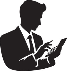 Silhouette of a professional man in a suit, intently focused on calculating with a handheld device. Ideal for finance, business, or accounting concepts.