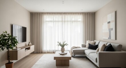 Modern living room with light grey sectional sofa coffee table television and large window with sheer curtains