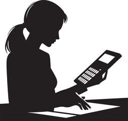 Silhouette of a woman intently using a calculator and working with documents, representing accounting, finance, or office tasks.