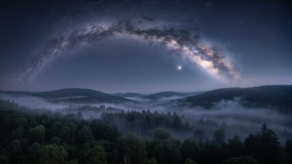 Fototapeta premium Milky Way over misty forest landscape at night.