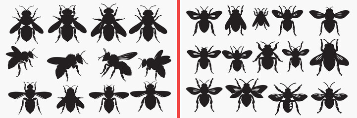 bee silhouettes vector, insect clipart, flying bee svg, nature insect illustration, pollinator graphics, black bee silhouettes, wildlife vector art, insect shape design, bee collection, insect silhoue © Geetaroy