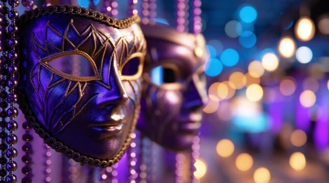 Purple carnival masks and carnival paraphernalia .Carnival background. Mardi Gras. Carnival festivities.