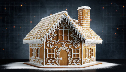 Intricate Gingerbread House with Icing Decorations and Chimney.