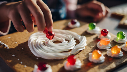 Child Decorating Meringue Cookies with Gummy Candies.