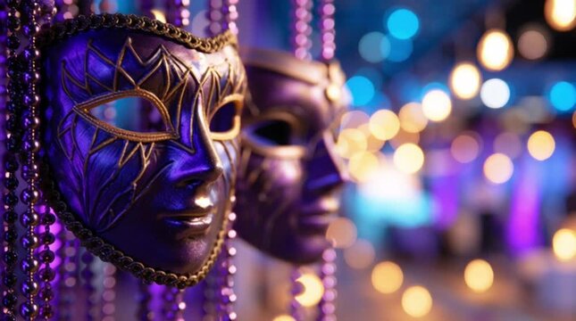 Purple carnival masks and carnival paraphernalia .Carnival background. Mardi Gras. Carnival festivities.