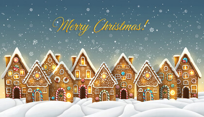 Charming Gingerbread Village with Snowfall and Merry Christmas Greeting.