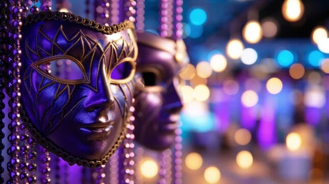 Purple carnival masks and carnival paraphernalia .Carnival background. Mardi Gras. Carnival festivities.