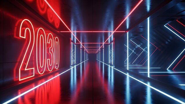 neon casino sign, Futuristic 2030 Neon Corridor Tunnel with Glowing Red and Blue Lights