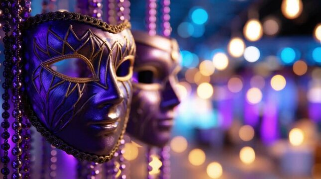 Purple carnival masks and carnival paraphernalia .Carnival background. Mardi Gras. Carnival festivities.