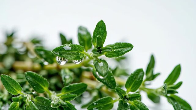 Close up of fresh green thyme herb on white surface