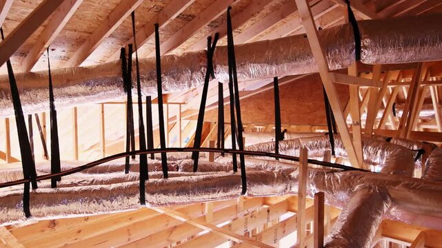 Workers are busy installing ductwork in attic ceiling of building under construction using metal plastic materials.