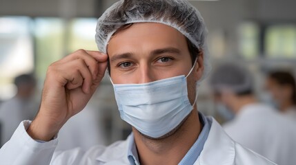 Male professional in lab coat and hairnet adjusts face mask in sterile laboratory setting looking at