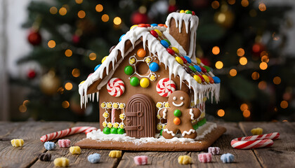 A beautifully decorated gingerbread house with colorful candies and a Christmas tree in the background.