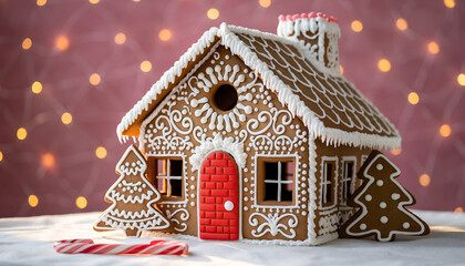 Festive Gingerbread House with Candy Canes and Christmas Tree Cookies.