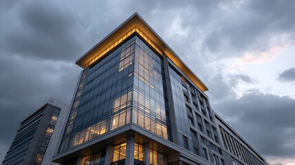 Obraz premium Modern glass office building facade reflecting dramatic twilight sky with clouds