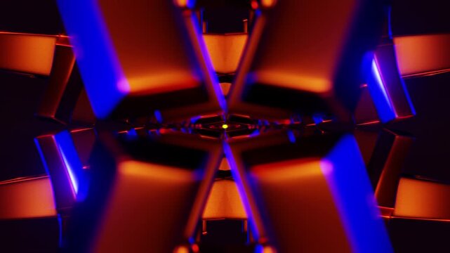 Neon tunnel cubes kaleidoscope futuristic corridor with rotating reflective geometry