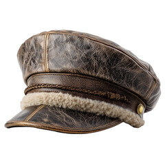Distressed leather captain's cap with braided band and sheepskin lining for a rustic look