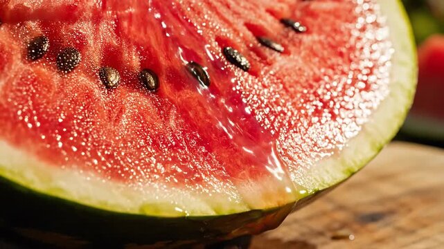 Close up watermelon slice juicy red texture seed detail sunlight