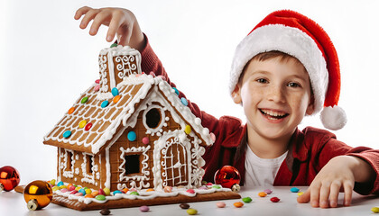 Happy Boy in Santa Hat with Gingerbread House.