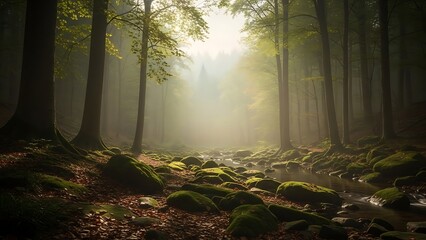 Sunlight filtering through a misty forest with mossy rocks and a gentle stream on the forest floor.