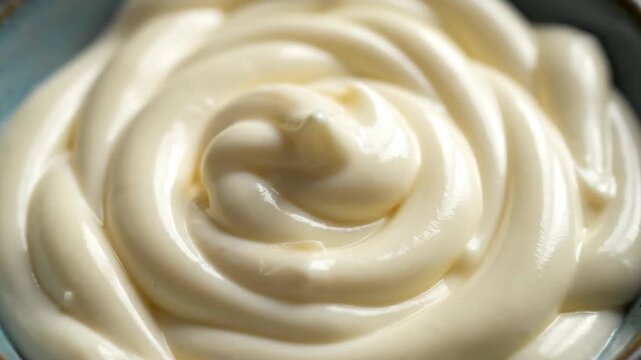 Creamy swirl of white sauce in a ceramic bowl on wooden surface