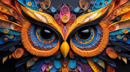 Colorful owl with intricate paper art design.