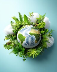 A globe surrounded by lush green plants.