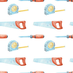 Seamless watercolor pattern featuring hammer, saw, wrench and tape measure. Repeating carpentry tools background for men, ideal for packaging, textile prints, stationery, branding and DIY design.