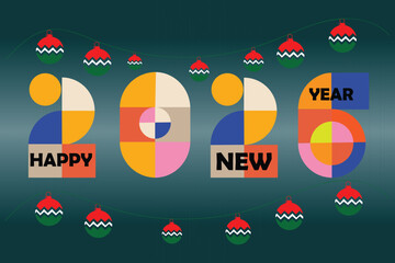 Happy new year 2026 geometric design with festive elements.