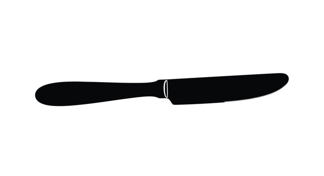 Black silhouette graphic of a serrated steak knife handle and partially visible blade isolated on a white background representing cutlery or dining equipment.