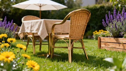 Pastoral Style Rattan Outdoor Table and Chair Flower Scene Photography