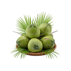 Green coconuts with leaves in a basket