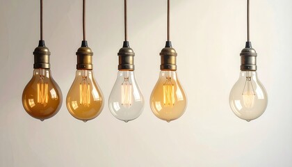 Five Vintage Edison Light Bulbs Hanging in a Row Against a Light Background.