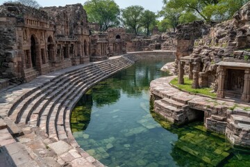 Naklejka premium Ancient Stepwell known as Surya Kund at Modhera Sun Temple in Gujarat India.