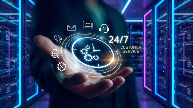 Businessman Presenting 24/7 AI Customer Support Hologram in Data Center - Powered by Adobe