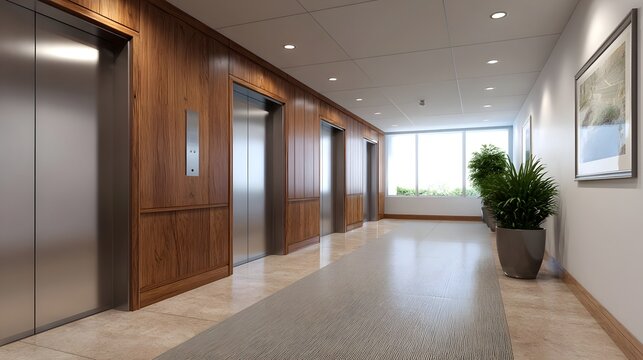 Modern office building hallway with sleek elevators warm wood paneling and large