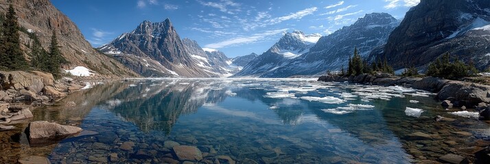 Majestic mountain landscape with crystal-clear lake reflecting snow-capped peaks and vibrant blue sky, showcasing the beauty of nature and tranquility in a serene environment
