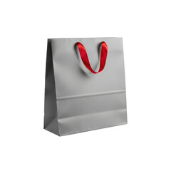 Gray shopping bag with red ribbon handles