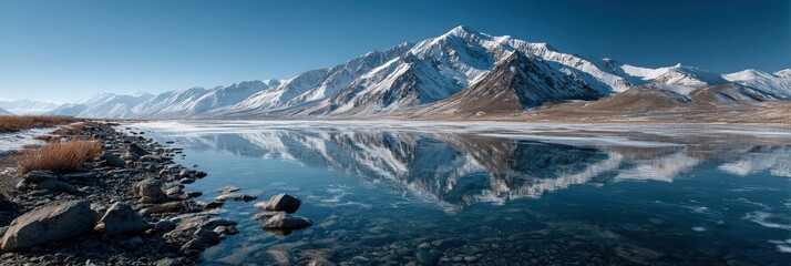 Majestic snow-capped mountains reflect in tranquil lake waters, surrounded by rocky shoreline and sparse vegetation, creating a serene natural landscape with stunning blue skies