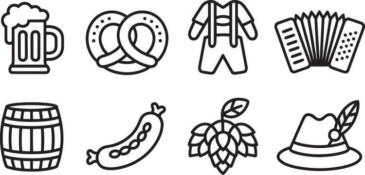 Bavarian oktoberfest festival celebration outline icons including beer food and traditional clothing elements