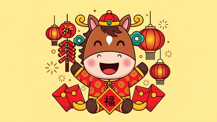 Festive Horse Celebration: A joyful cartoon horse character celebrates a festive occasion, surrounded by traditional decorations such as lanterns, firecrackers, and red envelopes.