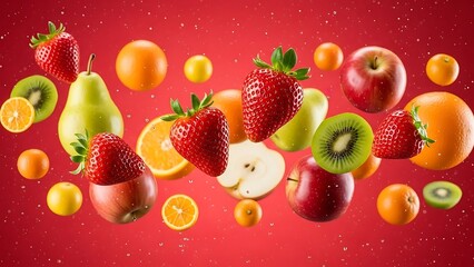 Assorted fresh fruits on red background