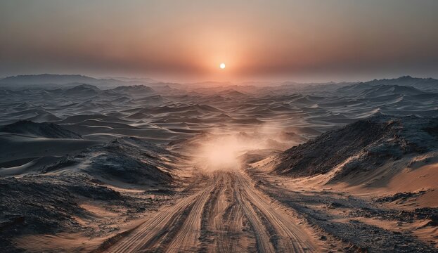 Vast desert landscape at sunset, showcasing undulating sand dunes and a winding dirt road, with warm hues illuminating the horizon and creating a serene atmosphere