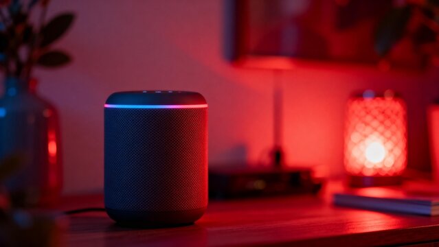 Smart speaker on table with colorful lighting