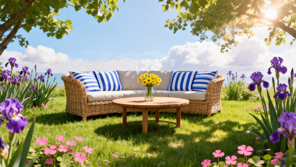 Pastoral Style Rattan Outdoor Sofa Flower Scene Photography
