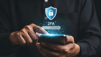 User interacts with a mobile phone for secure two-factor authentication protected by a shield.